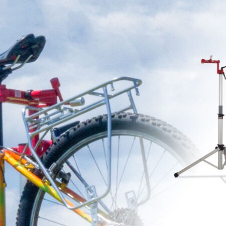 Field Unit mobile workstand by Minoura and EVT, featuring a durable steel clamp, ergonomic handle, and stable base.