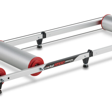 LiveRoll R500 bicycle rollers with silver anodized 105mm alloy drums and a folding frame.