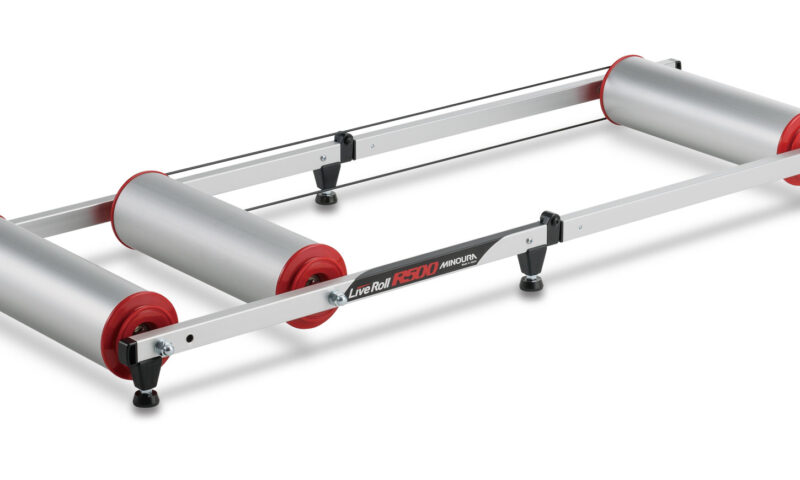 LiveRoll R500 bicycle rollers with silver anodized 105mm alloy drums and a folding frame.